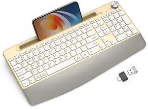 GAMCATZ Ergonomic Wireless Keyboard with Wrist Rest-Low-Profile,Phone/Tablet Holder,Quiet DesignWindows & Mac OSFull Size Cordless USB Computer Keyboard for Desktop,Laptop, PC, Mac, Windows-Gold