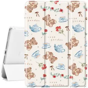 Idocolors Cute Kawaii Rose Teddy Bear Pad Case for 10.9 Inch iPad 2022/2025(iPad 10th/11th Gen), Clear TPU Smart Stand Back Cover with Pencil Holder, Auto Wake/Sleep Case for Women Girls