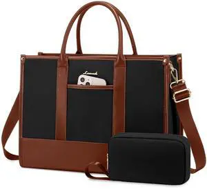 LOVEVOOK Laptop Bag for Women 15.6 inch Canvas Laptop Tote Bag Large Professional Teacher Purse Lightweight Computer Bag Briefcase Business Office, Black Brown