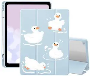 Kawaii Duck Case for iPad 5th/6th Generation(2017/2018), for iPad Air/Air 2 9.7 Inch with Pencil Holder Trifold Stand Blue Leather Girly Cover Clear Back Shell Auto Wake/Sleep