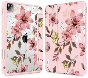 Mektron Case for iPad Pro 11 inch (4th, 3rd, 2nd & 1st Gen) 2022 2021 2020 2018, Buit in Pencil Holder with Shockproof Cover Clear Shell + Trifold Stand + Auto Wake/Sleep, Floral C293