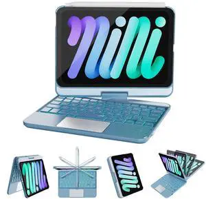 RAYMCRAFT Keyboard Case for iPad mini 7 (2024) & Mini 6 (2021), 360° Rotate Case for iPad mini 7th/6th Generation, 7 Colors Backlit Keyboard Cover with Trackpad, Auto Sleep/Wake, Denim