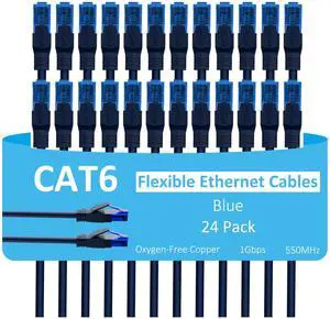 Cat6 Ethernet Cable 1.5 FT (24-Pack), Snagless Cat 6 Patch Cable, Upgraded Flexible PVC Jacket, Multi-Pack, OFC, 1Gbps, Cat6 Internet Network Cables, UTP, PC, Router, Servers, IT Data Center, Blue