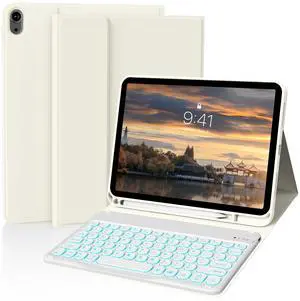 JKSML for iPad 11/10th Generation Case with Keyboard 11-inch A16 2025 10th Gen 10.9 Inch 2022 Wireless Detachable Folio Backlit Keyboard Cover Thin & Light with Pencil Holder (Cream White)