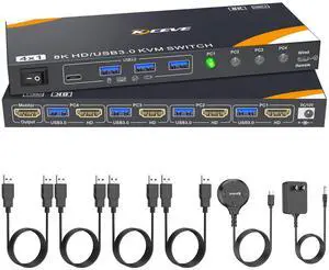KCEVE 8K HDMI KVM Switch 1 Monitor 4 Computers 8K@60Hz, 4K@144Hz USB 3.0 KVM Switch 4 Ports for 4 Computer Share Keyboard Mouse, with Power Adapter and Wired Remote