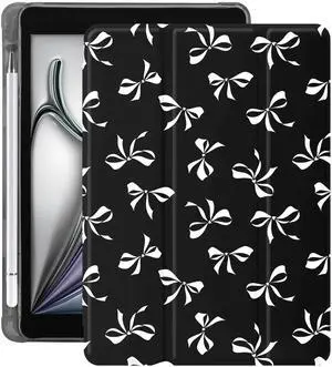 Idocolors Lovely White Bow Pad Case for 10.2 Inch iPad 9th/7th/8th Generation, Clear TPU Stand Back Cover with Pencil Holder, Black Auto Wake/Sleep Adjustable Protective iPad 2021/2020/2019 Case