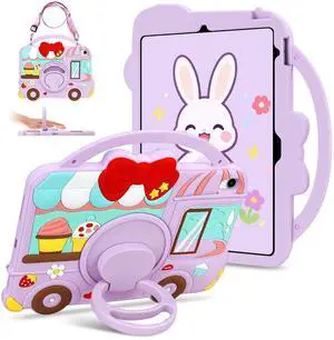 for iPad 10th Generation Case 10.9 inch 2022 for iPad A16 11th Generation Case 2025 Purple with 3D Dessert Ice-Cream Cart Design Shoulder Strap 360 & 180 Degree Kickstand Shockproof Protective Cover