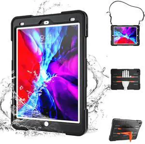 MOYAC for iPad 9th/ 8th/ 7th Generation 10.2 Inch Case IP68 Waterproof, Military Grade Dropproof, Full Body Shockproof with Screen Protector & Stand & Hand Strap 10.2" (Black)