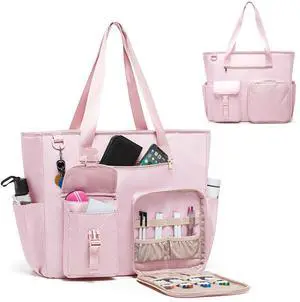 Fasrom XXL Teacher Bag for Work Women with 15.6 inches Laptop Compartment, Extra Large Utility Tote Bags to Hold Office Supplies, Work Files & More, Pink (Patent Design)