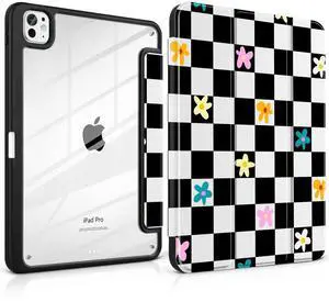 Loyrina Case for iPad Pro 13 inch (M5) 2025 (M4) 2024 Release Slim Lightweight Cute Black Leather Cover with Clear Back TPU Edge Pencil Holder Trifold Stand, Grid