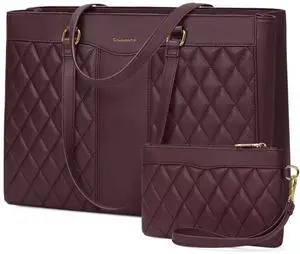 RAINSMORE Laptop Bag for Women 15.6 Inch Work Tote Bags Leather Laptop Tote Professional Laptop Purse Computer Handbag Womens Briefcase Tote with Clutch for Teacher Office Travel, Dark Purple