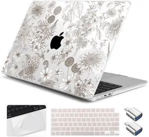 Yebiseven for MacBook Air 13.6 Inch M4/M3/M2 Case 2025 2024 2023 2022 Released A3240/A3113/A2681, Laptop Hard Shell Case with Keyboard Cover & Trackpad Protector & 2 OTG Adapters, Dahlia Cosmos