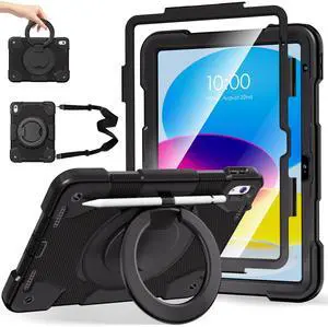 Andnary Case for iPad (A16) 11th/10th Generation 11/10.9 Inch 2025/2022 with Screen Protector/360° Rotate Stand/Shoulder Strap/Pencil Holder, Shockproof iPad 11th/10th Gen Cover (Black)