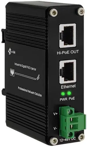 Gigabit Hi-PoE Injector - Industrial Gigabit PoE+ Injector IEEE802.3af/at 60W Hardened POE Adapter with 12-48V DC Input DIN- Rail, Wall Mount, Aluminum Alloy Metal Housing