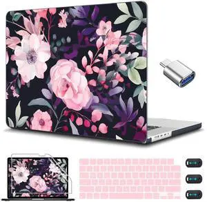 CISSOOK Compatible with MacBook Air 15 inch Case 2025 2024 2023 Release Model A3241 A3114 A2941, Flower Plastic Hard Shell Case Black Cover for MacBook Air M2 M3 M4 15 inch - Pink Flowers