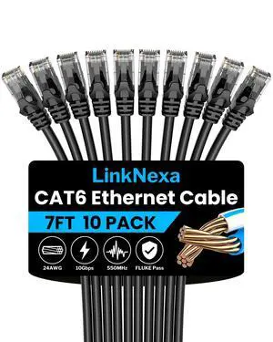 LinkNexa Cat 6 Ethernet Cable 7ft(10 Pack), High Speed 10Gbps Network Cable, UTP 24AWG Flexible RJ45 LAN Internet Cable for Computer, Router, Modem, PS4/5, Xbox, Gaming, Black