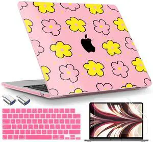 TWOLSKOO for MacBook Air 13 inch Case M4 A3240 M3 A3113 M2 A2681 2025 2024 2022 Plastic Hard Shell, Keyboard Cover, Type C Adapter, Screen Protector for MacBook Air 13.6 inch, Cute Pink Flowers