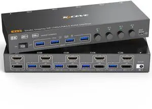 KVM Switch 2 Monitors 4 Computers 8K@60Hz 4K@144Hz, HDMI+Displayport KVM Switch 4 Port for 4 PC Share 2 Monitors and Keyboard Mouse,Support Extended/Copy Mode, with Wired Remote and 4 USB Cables