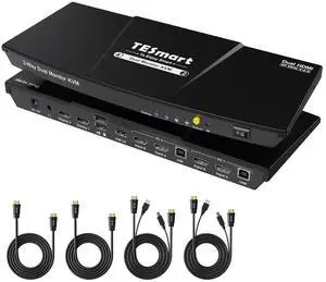 TESmart HDMI KVM Switch 2 Monitors 2 Computers 4K@60Hz, USB 2.0, Dual Monitor KVM Switch HDMI 2 Port Extended Display, EDID emulators, L/R Audio, Hotkey Switch, Button Switch with All Input Cables