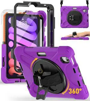 BRAECN for iPad mini 7(A17 Pro)/ 6 case 2024/2021 8.3 inch Heavy Duty Shockproof Protective with Pencil Holder Screen Protector 360°Rotating Stand Handle Full Body Cover Shoulder Strap Kids Friendly