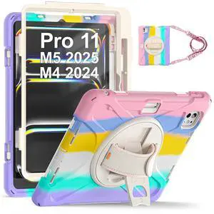 TSQQST Case for iPad Pro 11 Inch M5 2025/ M4 2024, Colorful Cute Kids Girls Case with Screen Protector, Hand/Shoulder Strap, Pencil Holder, Rotating Stand, Pink