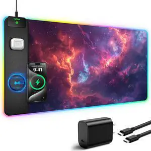 TopMade RGB Gaming Mouse Pad with 15W Wireless Charging, 31.5 x 15.8 XXL Large Desk Mat Home Office Keyboard Pad for Desk, Waterproof Mousepad with Smooth Surface, Non-Slip Base, Galaxy Nebula