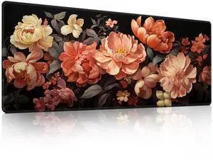Peony Floral Dark Mouse Pad - Blooming Flower Design Gaming Mousepad - Large Non-Slip Desk Mat for Office, PC, Laptop - 31.5"x11.8" x 3mm