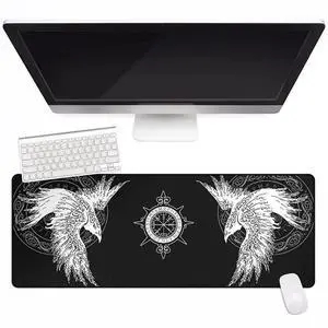 YCYR Viking Raven Rune Vegvisir Mouse Mat, 3D Print Tattoo Big Extended Desk Game Keyboard Pad with Non-Slip Base and Stitched Edge for Office & Home,Black,35.4" x 15.7"