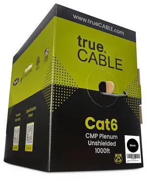 TRUE CABLE Cat6 Plenum Bulk Ethernet Cable (CMP), Unshielded UTP, 1000ft, Black, 23AWG Solid Bare Copper, 550MHz, 10Gbps, PoE++ (4PPoE), ETL Listed