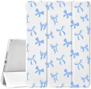 JOYLAND White Pad Case for iPad 7th/8th/9th Generation (2019/2020/2021) 10.2",with Pencil Holder-Auto Wake/Sleep-Blue Bow Pattern Anti-Scratch Shockproof Premium Folio Stand Case