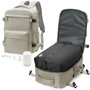 Vacuum Travel Backpack with Pump for Women,Personal Item Carry on Backpacks Flight Approved 18x14x8 inches for Men,Laptop Waterproof Work Compression bags Casual Daypack GreyBrown