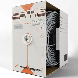 Transber, CAT6 1000ft Ethernet Cable Solid UTP Up to 10Gbps 550Mhz 23AWG 4x2 Pair Bulk Cable Network PoE++/4PPoE LAN Wire 1000-feet Easy Pull Box (Gray)