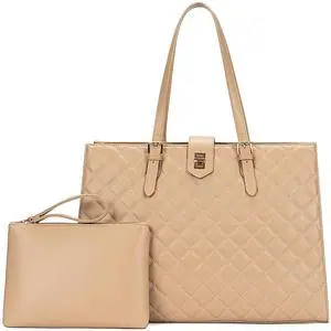 BAGOK Quilted Laptop Tote Bag for Women,15.6" Work Bag,Large Capacity Shoulder Handbag for Business,Office,Travel,Daily UseBeige