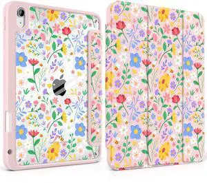 MEEgoodo Case for iPad A16 11th Generation 11 inch 2025/10th Gen 10.9 in 2022,Cover with Transparent Acrylic Back Shell,Tablet Case with Pencil Holder+Auto Wake/Sleep+Trifold Stand, Flat Spring Floral