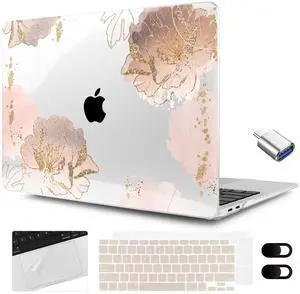 MEEgoodo for MacBook Air 13.3 inch Case 2021 2020 2019 2018 A2337 M1 A2179 A1932, Hard Shell with Keyboard Webcam Cover & Trackpad Film & Type C Adapter for MacBook Air M1, Pink Peony Flowers