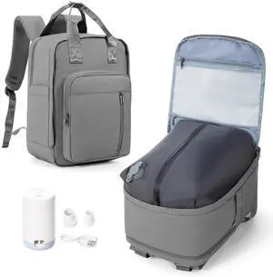 hapfoxx Vacuum Travel Backpack with Pump,Personal Item Carry on Backpacks Flight Approved 18x14x8 inches Women,Laptop Waterproof Work Compression bags hiking Casual Daypack Grey