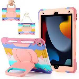 Case for iPad 9th Generation (2021) /iPad 8th Gen (2020)/iPad 7th Gen (2019), Military Grade Shockproof iPad Case Built-in 360°Rotating Stand/Pen Slot/Shoulder Strap, for iPad 10.2 (Colorful)