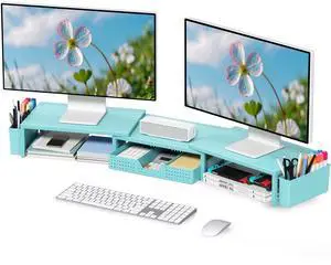 OPNICE Desk Organizers and Accessories, Dual Monitor Stand Riser with Drawer and 2 Pen Holders, Desk Shelf Metal Computer Monitor Stand for Office Workspace Organizers, Desktop Organization (Blue)