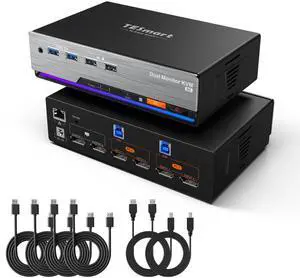 TESmart 8K@60Hz DP KVM Switch 2 Monitors 2 Computers EDID, DP 1.4 KVM Switch Dual Monitor 4K@144Hz for Gaming Dock, Support USB3.0, Gigabit Network, Hotkey Switch, Audio & Mic with All Input Cables