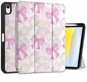 MEEgoodo Case for iPad A16 11th Generation 11 inch 2025/iPad 10th Generation 10.9 inch 2022, Tablet Cover with Trifold Stand + Pencil Holder + Auto Wake/Sleep + Soft TPU Back Cover, White & Pink Bows