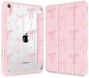 Tuiklol Clear Case for iPad mini 7 (A17 Pro 7th Generation) 2024 / iPad mini 6 (6th Generation) 2021 8.3 Inch,Built-in Pencil Holder Slim Transparent Back Shell Cover Auto Wake/Sleep, Pink Bows