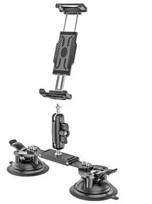 Kolasels Dual Suction Cup Camera Mount with Metal Ball Head Magic Arm, Heavy Duty Car Mount with Tablet Holder & Action Cam Adapter Compatible with DJI/GoPro/Insta360/iPad, On Windshield, Door Windows