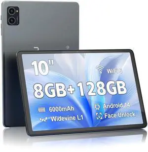 10 inch Tablet, Android 14 Tablet, 8GB RAM 128GB ROM 1TB Expansion, Octa-core Processor, 1280x800 HD Touch Screen, 5MP+8MP Dual Camera, WiFi 6, BT 5.0, 6000mAh Battery & Quad Speakers, Metal Grey