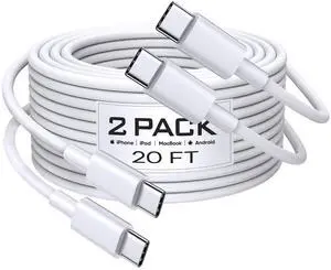 2Pack USB C to USB C Cable 20FT [60W Fast Charging, Extra Long] Durable TPE Type C Charger Cord for iPhone 15/16, Samsung Galaxy, Pixel, MacBook, iPad - White