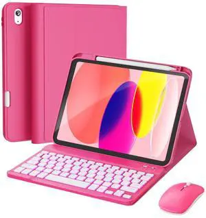 RAYMCRAFT for iPad 11th (A16, 2025) / 10th Generation Case with Keyboard, Mouse and Detachable Wireless Keyboard, 7-Color Backlight, Slim Case with Pencil Holder, Hot Pink