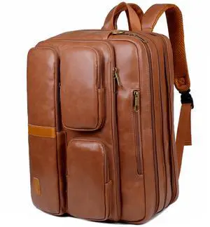 Baosha Vegan Leather Laptop Briefcase Backpack Hybrid Large 17 inch Laptop bag Travel Carry on Backpack (Brown)