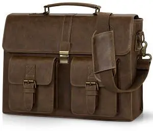 RAINSMORE Mens Messenger Bag 15.6 Inch Leather Vintage Laptop Briefcase Waterproof Computer Laptop Bag Leather Satchel Bag Large Shoulder Bag for Office Work Travel College, DarkBrown
