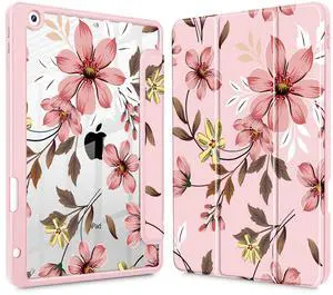 Mektron Printed Case for iPad 10.2 Inch 2021/2020/2019, for iPad 9th/8th/7th Generation Case, Buit in Pencil Holder with Shockproof Cover Clear Shell + Trifold Stand + Auto Wake/Sleep, Floral C293