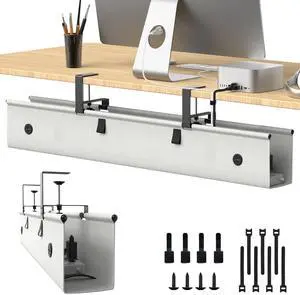 KIGJU Under Desk Cable Management Tray, 40-inch No-Drill Cord Organizer with Anti-Sag Reinforced Base, Fabric Wire Management Hider for Standing Desk, Office & Gaming Accessories - Grey