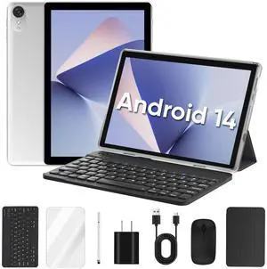 10 inch Android 14 Tablet, 6GB+64GB 1TB Expand, 2 in 1 Tablets with Keyboard, Case, Mouse, Stylus, 1280x800 IPS Touch Screen, 2.0GHz Quad-Core, WiFi 6, Bluetooth5.0, Dual Camera (Silver) 10 inch Android 14 Tablet, 6GB+64GB 1TB Expand, 2 in 1 Tablets with Keyboard, Case, Mouse, Stylus, 1280x800 IPS Touch Screen, 2.0GHz Quad-Core, WiFi 6, Bluetooth5.0, Dual Camera (Silver)
